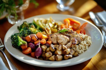 Poster - A white plate filled with cooked meat and vegetables