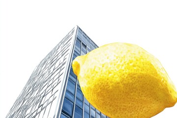 Poster - A large yellow lemon sitting on the ground in front of a tall building