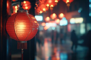 Aufkleber - A red lantern hangs from the side of a building, adding a pop of color to the urban landscape