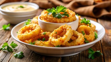 A dish of onion rings, accompanied by a sweet and spicy dipping sauce, is presented on a white backdrop