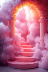 Poster - A winding staircase leads up to a bright pink sky filled with fluffy white clouds