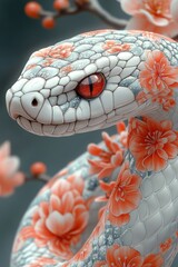 Poster - A close-up view of a snake coiled around a branch adorned with flowers