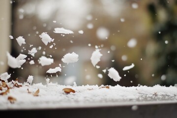 Poster - A close-up shot of a snowy window sill with intricate details