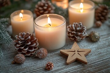 Poster - A group of candles sitting on top of a wooden table, great for use in still life photography or as a decorative element
