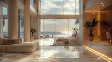 Aufkleber - Luxury interior, modern, beautiful view on the beach, villa, minimalistic style.