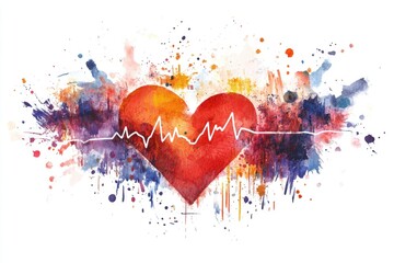 Poster - A watercolor painting of a red heart with an ECG line, suitable for medical or health-related uses