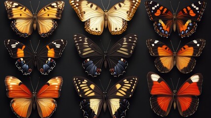 Poster - Close-up shot of various butterfly species on a dark background