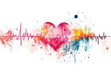 Poster - A watercolor illustration of a heart with an electrocardiogram (ECG) line, suitable for medical or healthcare-related projects
