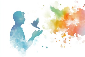 Poster - A silhouette of a man holding a bird in his hand, great for wildlife or conservation imagery