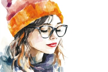 Poster - A watercolor portrait of a woman in a hat and glasses, great for illustrations or designs
