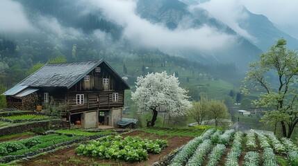 Poster - In the spring, a green vegetable garden with many vegetables stands in front of an old house on mountainous land, surrounded by mountains and clouds. A small white pear tree is blooming nearby.