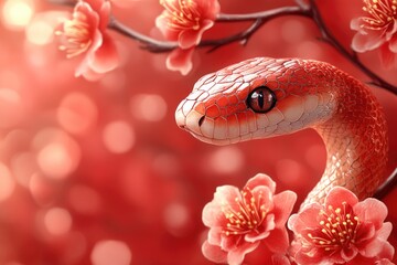 Aufkleber - A snake sits on a bright red background surrounded by colorful flowers
