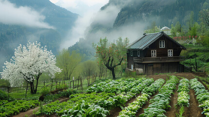 Poster - In the spring, a green vegetable garden with many vegetables stands in front of an old house on mountainous land, surrounded by mountains and clouds. A small white pear tree is blooming nearby.