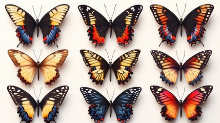 Aufkleber - A cluster of colorful butterflies gathered on a pure white surface, ready for capture