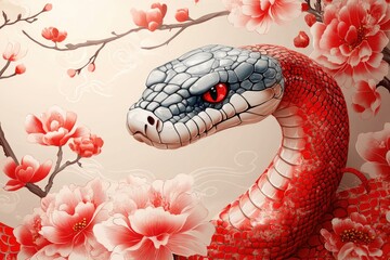 Aufkleber - A snake with vibrant red eyes surrounded by blooming flowers, great for wildlife or nature-themed projects