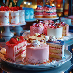 Poster - On the table were colorful cream cakes, each with a different color of cream, sparkling drinks, fresh steaks.