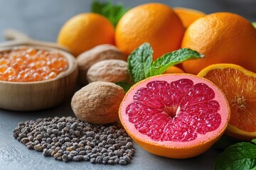 Poster - A colorful arrangement of oranges, seeds, and nuts on a table