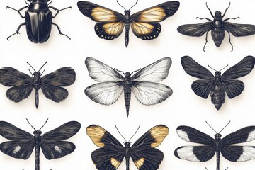 Aufkleber - A close-up shot of various butterflies and moths arranged on a clean white surface
