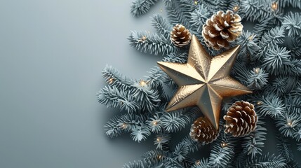 Poster - 3D illustration of a glowing Christmas star atop a snowy tree, on a white background. copy space.