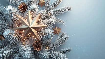 Poster - 3D illustration of a glowing Christmas star atop a snowy tree, on a white background. copy space.