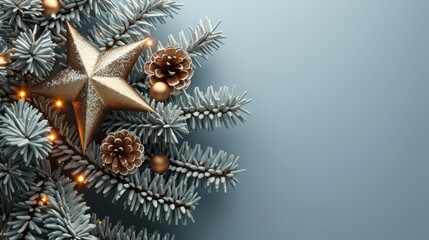 Poster - 3D illustration of a glowing Christmas star atop a snowy tree, on a white background. copy space.