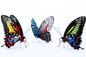 Poster - Three colorful butterflies sit on a white surface, ready for capture or observation