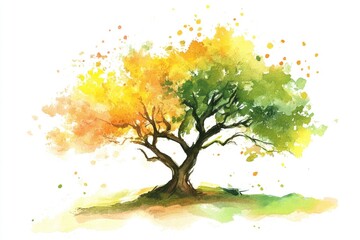 Poster - A serene landscape featuring a single tree standing tall on a hill, surrounded by greenery