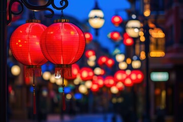 Poster - A street scene with numerous red paper lanterns, perfect for festive or cultural backgrounds
