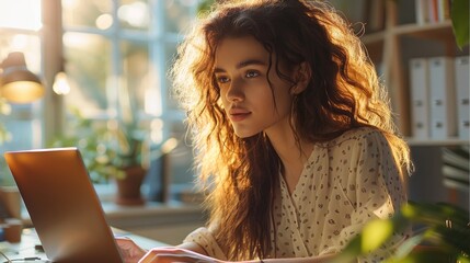 Aufkleber - A pretty woman working from home in a home office, beauty lighting.
