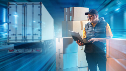 Poster - Man from logistics company. Truck delivers goods. Logistician with laptop near boxes. Representatives of cargo transportation company. Man prepares boxes for shipment. Use of logistics services.