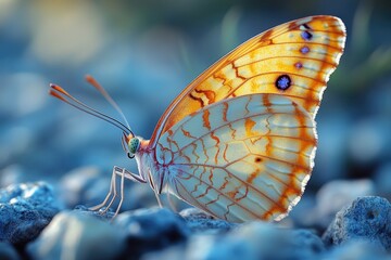 Aufkleber - A close-up shot of a colorful butterfly perched on a rocky surface, with intricate details