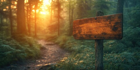 Sunlight highlights a wooden sign on a forest trail enveloped by lush greenery.