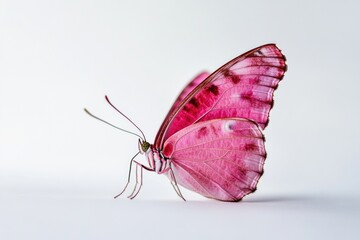 Poster - A pink butterfly sits on a white surface
