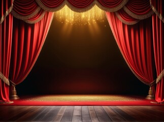 Elegant red curtains draw open to reveal a beautifully lit stage with a sparkling chandelier