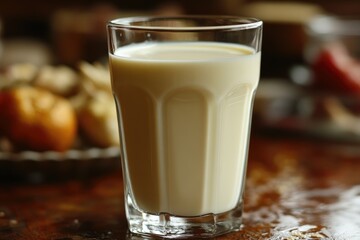 Poster - A single glass of milk placed on a table with no other objects in sight