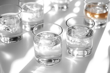 Poster - A collection of glasses filled with ice sitting on a table, perfect for hot summer days or as a prop in your photography studio
