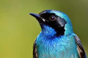 Poster - A blue and black bird perched on a green background, offering a pop of color