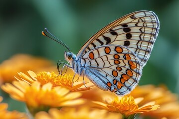Poster - A close-up view of a butterfly sitting on a colorful flower, with delicate petals and intricate details