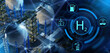 © Grispb - Hydrogen power plant top view. H2 logo near factory. Green energy production. Spherical high-pressure tanks at power plant. BPVC for hydrogen storage. Generate clean energy. 3d image