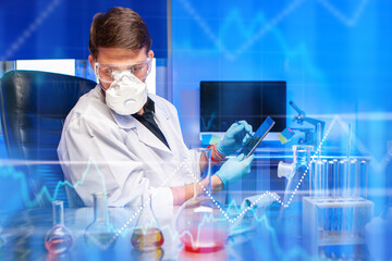 Poster - Man bioengineer. Scientist sits at lab table with flasks. Bioengineer in protective respirator. Man researcher in white coat. Laboratory assistant observes reaction of reagents. Bioengineer at work