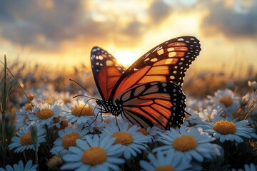 Poster - A colorful butterfly perched on a field of blooming flowers