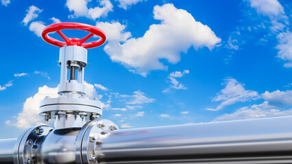 Poster - steel gas pipe. oil pipeline with red valve. pipe under blue sky. pipeline for gas supplies. oil tra