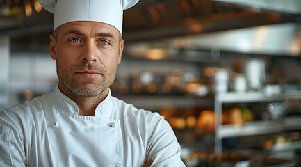 Poster - White man wearing a chef's uniform, standing in kitchen.