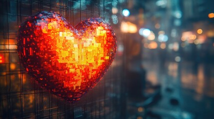 Poster - A digital heart made up of tiny pixels on a busy city street, perfect for use in designs about technology, innovation and urban culture