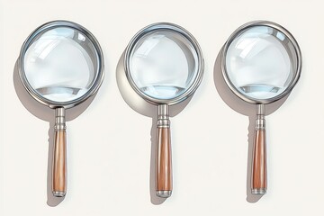 Poster - Three magnifying glasses arranged on a white surface, perfect for science experiments, detective work or educational displays