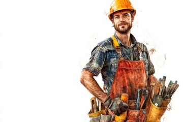 Poster - A construction worker holds various tools in his hand, wearing a hard hat and apron