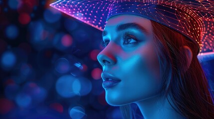 Leinwandbilder - Women in graduate hat in blue with light neon effects. Artificial Intelligence concept.