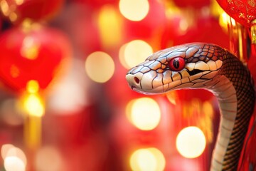 Poster - A close-up shot of a snake statue with vibrant red lanterns in the background