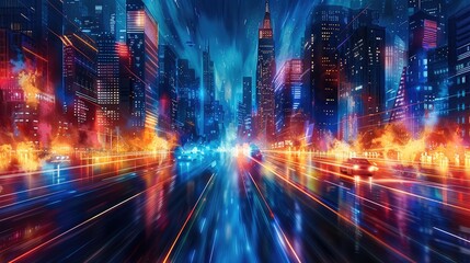 Poster - A futuristic cityscape, vibrant neon lights, tall skyscrapers, flying cars, sci-fi elements, abstract shapes, glowing streets.