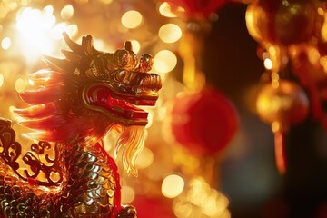 Poster - A bronze statue of a dragon with vibrant red mane, great for fantasy or mythical themed designs